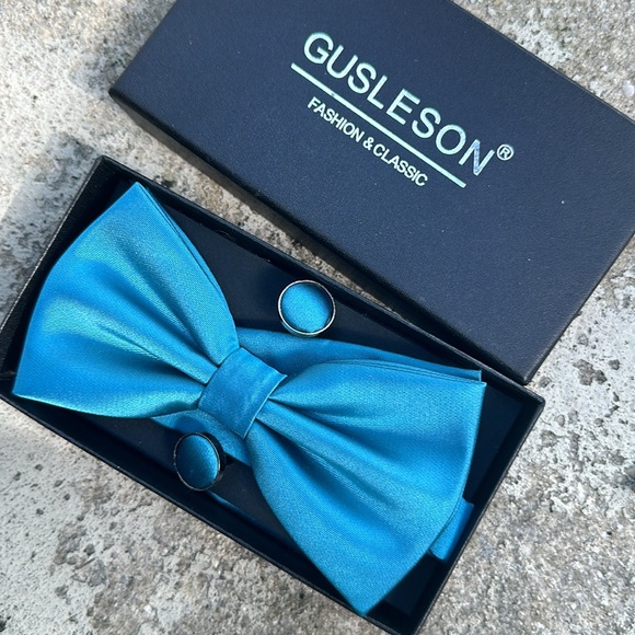 men’s adjustable bowtie and cufflink set wedding prom homecoming teal green blue - Picture 5 of 5